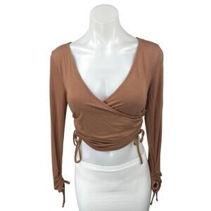 Lovers and Friend Brown Long Sleeve Ruched Faux Wrap Blouse Crop Top Size S